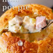 Pin Image: A spoon lifting turkey and ham filling from a pot pie. With text overlaid