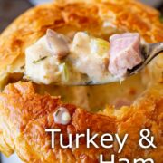 Pin Image: A spoon lifting turkey and ham filling from a pot pie. With text overlaid