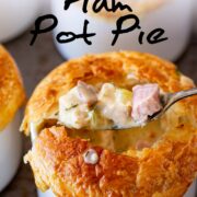 Pin Image: A spoon lifting turkey and ham filling from a pot pie. With text overlaid