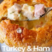 Pin Image: A spoon lifting turkey and ham filling from a pot pie. With text overlaid