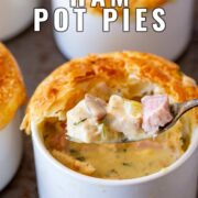 Pin Image: A spoon lifting turkey and ham filling from a pot pie. With text overlaid