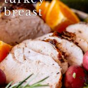 Pin Image: Sliced turkey breast with potatoes and oranges with text overlaid