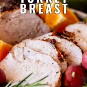 Pin Image: Sliced turkey breast with potatoes and oranges with text overlaid