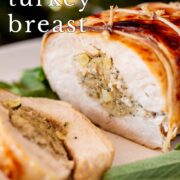 pin image: Sliced stuffed turkey breast on a festive plate with text overlaid