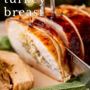 pin image: Sliced stuffed turkey breast on a festive plate with text overlaid