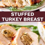 pin image: two pictures of Sliced stuffed turkey breast on a festive plate with text overlaid