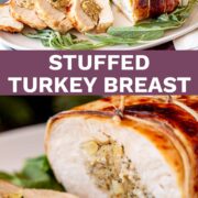 pin image: two pictures of Sliced stuffed turkey breast on a festive plate with text overlaid