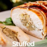 pin image: Sliced stuffed turkey breast on a festive plate with text overlaid