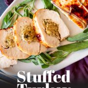 pin image: Sliced stuffed turkey breast on a festive plate with text overlaid