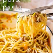 Pin Image: ground pork pasta in a pan with text overlaid