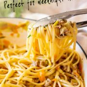 Pin Image: ground pork pasta in a pan with text overlaid