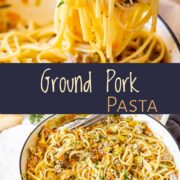 Pin Image: ground pork pasta in a pan with text overlaid