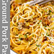Pin Image: ground pork pasta in a pan with text overlaid