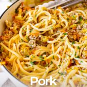 Pin Image: ground pork pasta in a pan with text overlaid