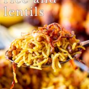 pin image: A spoon lifting up some Mejadra with text overlaid