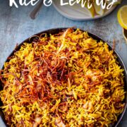 pin image: A grey bowl of Mejadra with text overlaid