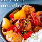 Pin Image: Sweet and Sour Chicken Meatballs in a bowl with text overlaid