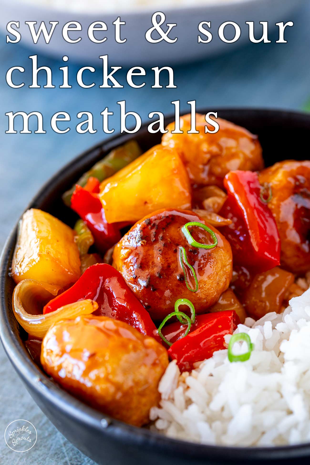 Pin Image: Sweet and Sour Chicken Meatballs in a bowl with text overlaid