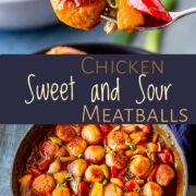 Pin Image: Two pictures of Sweet and Sour Chicken Meatballs with text overlaid