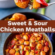 Pin Image: Two pictures of Sweet and Sour Chicken Meatballs with text overlaid