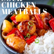Pin Image: Sweet and Sour Chicken Meatballs in a bowl with text overlaid