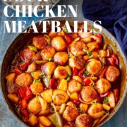 Pin Image: Sweet and Sour Chicken Meatballs in a skillet with text overlaid