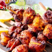 pin image: air fryer chicken shawarma skewers on a rustic blue grey plate with text overlaid