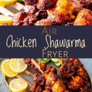pin image: air fryer chicken shawarma skewers on a rustic blue grey plate with text overlaid