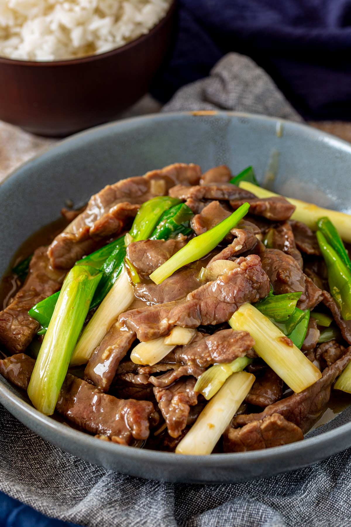 A bowl of tender beef strips and spring onions stir-fried in brown sauce, with a blurred white bowl of rice sitting behind it