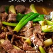 Pin Image: Beef, spring onion, ginger stir fry with text overlaid