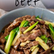 Pin Image: Beef, spring onion, ginger stir fry with text overlaid