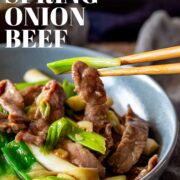 Pin Image: Beef, spring onion, ginger stir fry with text overlaid
