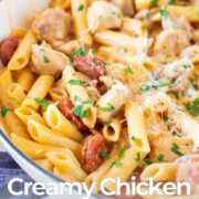 Pin Image: Creamy chicken and chorizo pasta in a pan with text overlaid.