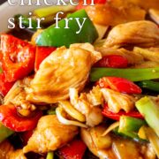 Pin Image: Hoisin chicken served in a shallow beige bowl with text overlaid