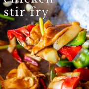 Pin Image: Hoisin chicken stir-fry on a serving spoon with text overlaid