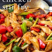 Pin Image: Hoisin chicken stir-fry in a black wok with text overlaid