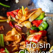 Pin Image: Hoisin chicken stir-fry on a serving spoon with text overlaid