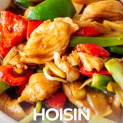 Pin Image: Hoisin chicken served in a shallow beige bowl with text overlaid