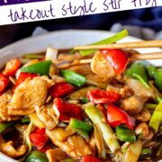 Pin Image: Chopsticks holding a piece of hoisin chicken with text overlaid