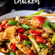 Pin Image: Chopsticks holding a piece of hoisin chicken with text overlaid