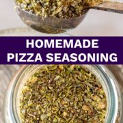 Pin Image: two pictures of pizza seasoning. On a spoon and in a jar with text in the middle