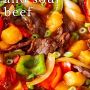 Pin Image: Sweet and sour beef and veg in a wok with text overlaid