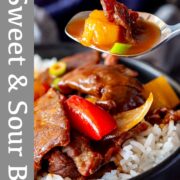 Pin Image: Spoonful of sweet and sour beef with text overlaid