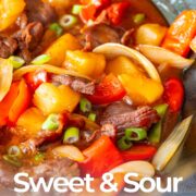 Pin Image: Sweet and sour beef and veg in a wok with text overlaid