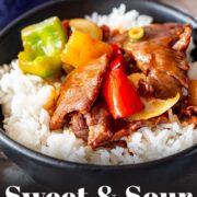 Pin Image: Sweet and sour beef and veg in a bowl with text overlaid