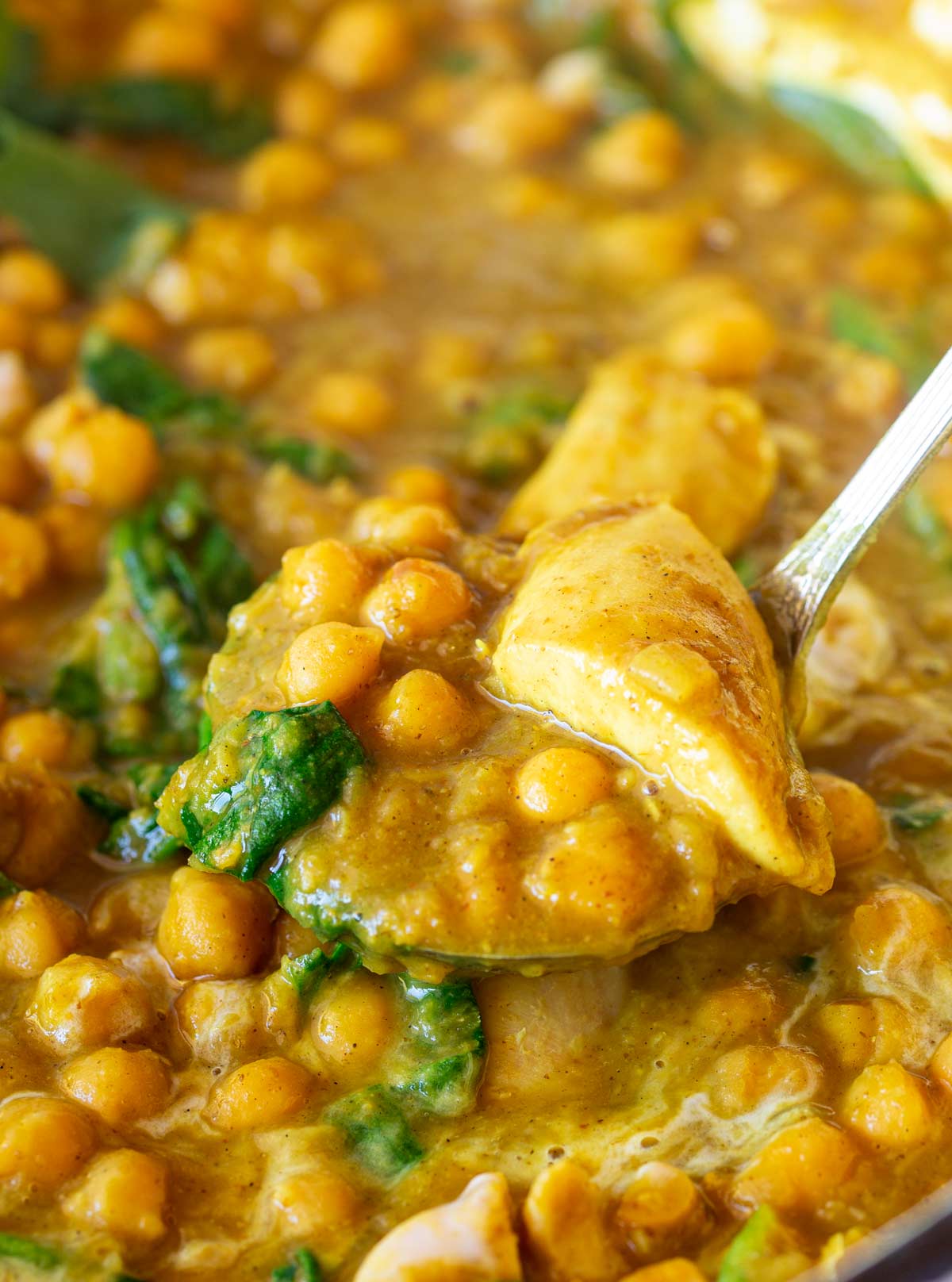 a silver ladle scooping out chicken and chickpeas in a yellow curry sauce