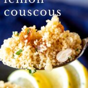 pin image: A serving spoon of ouscous with sultanas and herbs with text overlaid