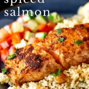 Pin Image: Moroccan salmon with couscous and salad with text overlaid