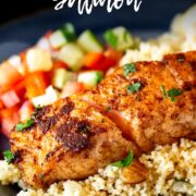 Pin Image: Moroccan salmon with couscous and salad with text overlaid