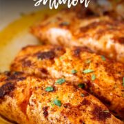 Pin Image: Pan-fried Moroccan salmon in skillet with text overlaid